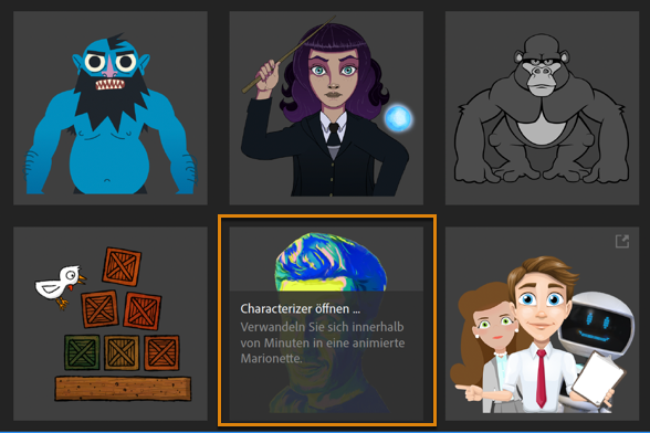 Characterizer auf dem Character Animator-Startbildschirm