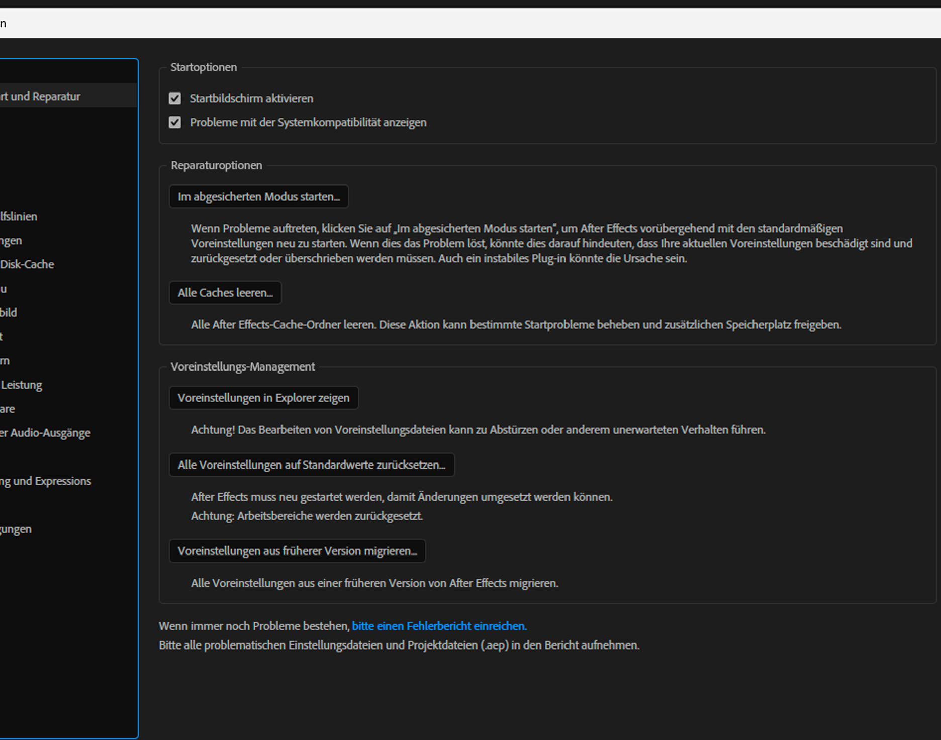 Bedienfeld „Starten und Reparieren“ in „Voreinstellungen“ mit aktiviertem abgesicherten Modus.