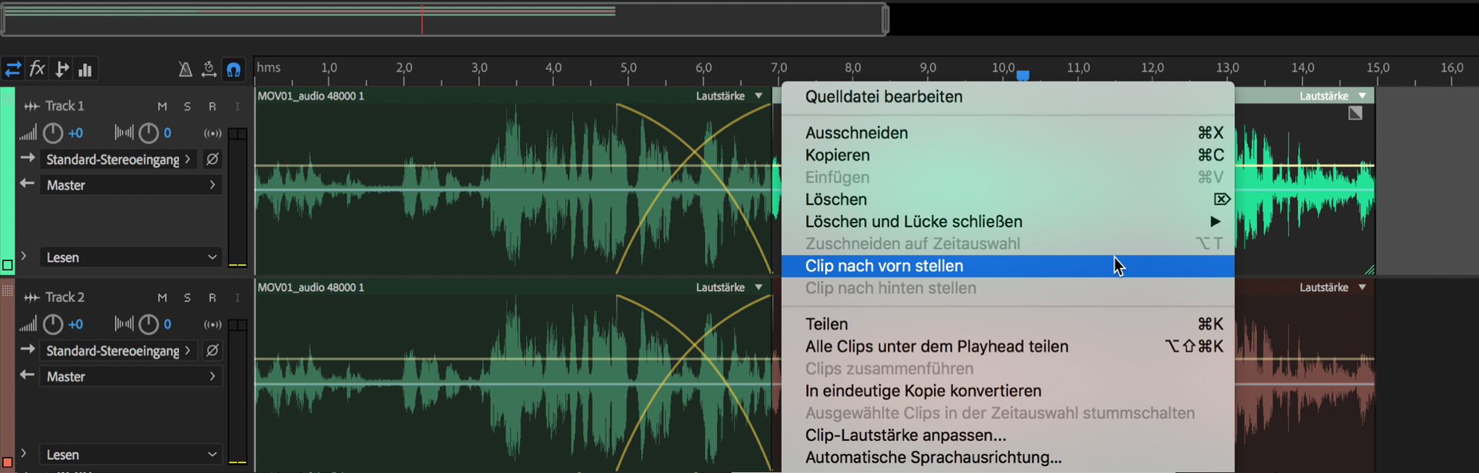 Kontextmenü des Clips