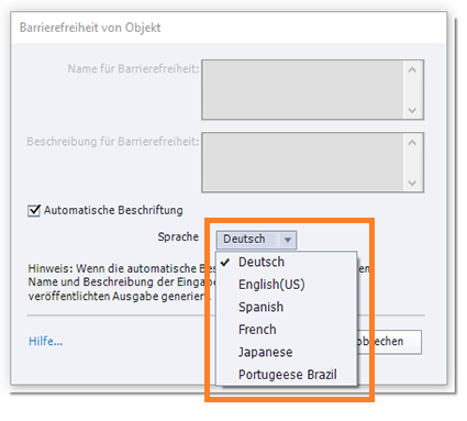 Wählen Sie die gewünschte Sprache aus der Dropdown-Liste unter „Barrierefreiheit von Element“ aus.
