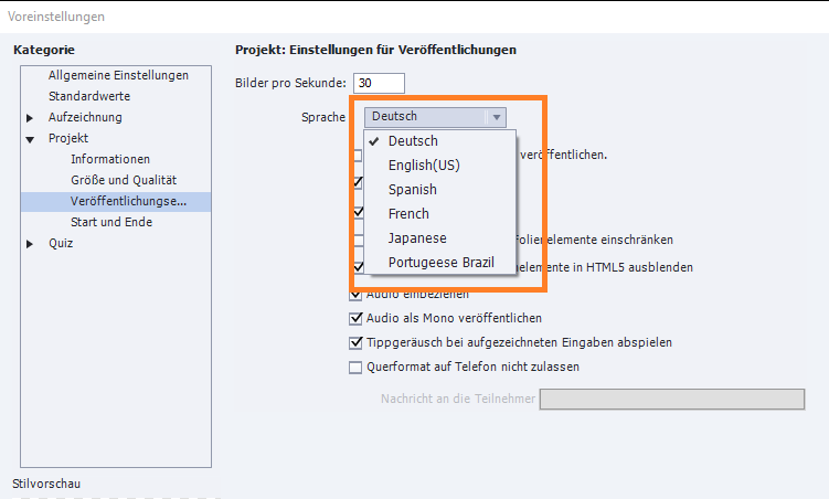 Wählen Sie die gewünschte Sprache aus der Dropdown-Liste in den Veröffentlichungseinstellungen aus.