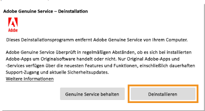 Deinstallationsmeldung für Adobe-Service für Original-Software