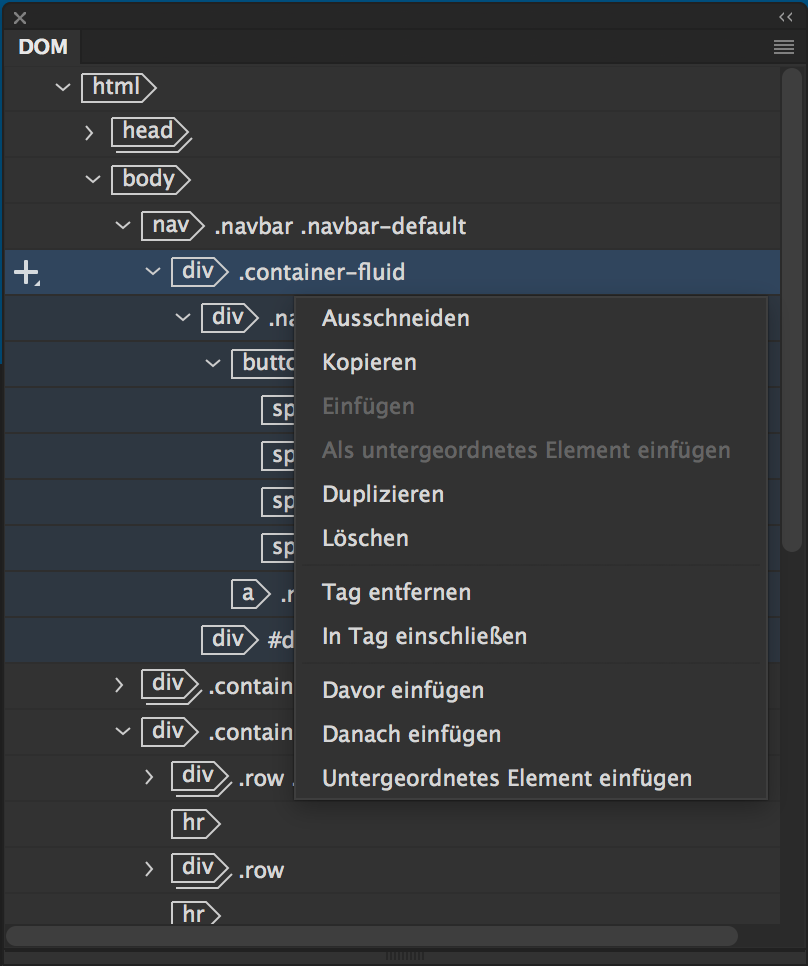 Bearbeitungsoptionen im DOM-Bedienfeld