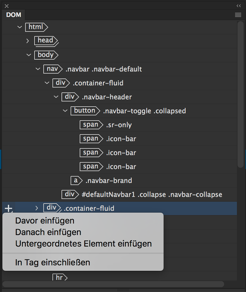 Einfügeoptionen im DOM-Bedienfeld