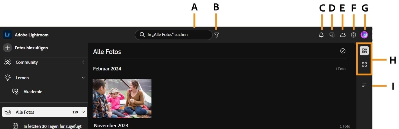 Die Ansicht „Alle Fotos“ wird mit einem Bild angezeigt.