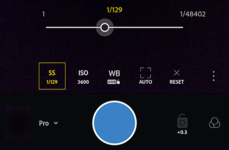 Anpassen der Verschlusszeit im Pro-Modus in Adobe Photoshop Lightroom CC für Mobilgeräte auf Android