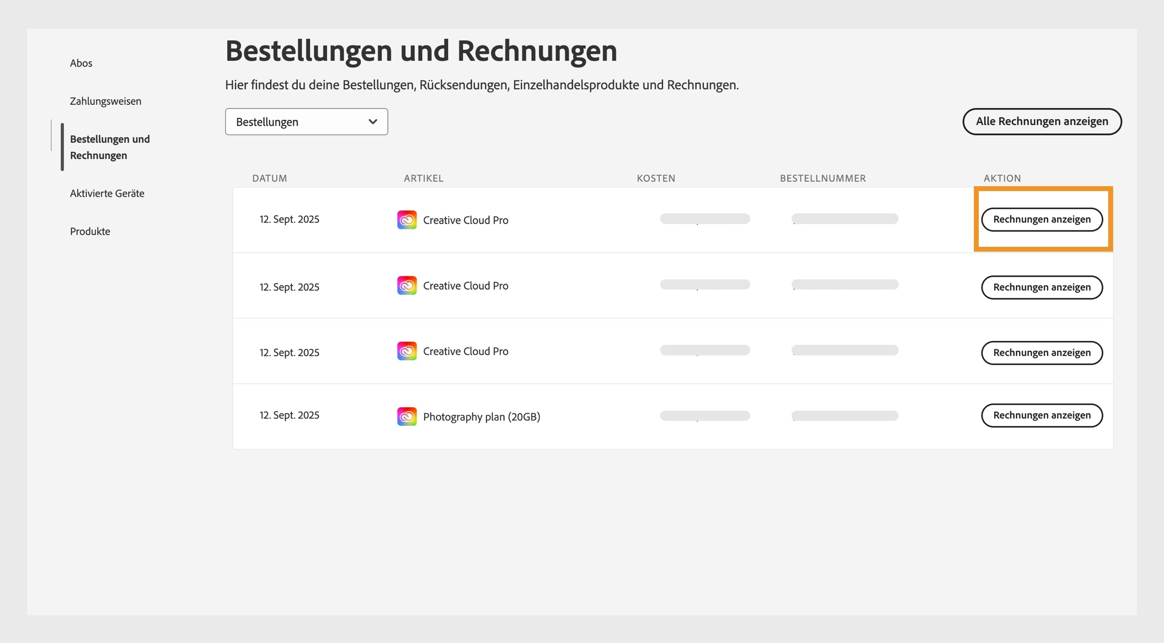 Mit der Schaltfläche „Rechnungen anzeigen“, die sich im Fenster „Bestellungen und Rechnungen“ auf der rechten Seite eines Creative Cloud-Abos befindet, kannst du alle mit dem Abo verbundenen Rechnungen anzeigen. 