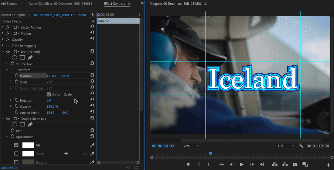 Animieren der Titelposition mithilfe des Bedienfelds „Effekteinstellungen“