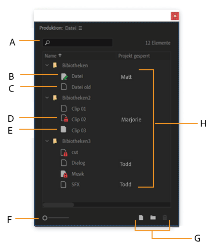 Benutzeroberfläche des Bedienfelds „Produktion“