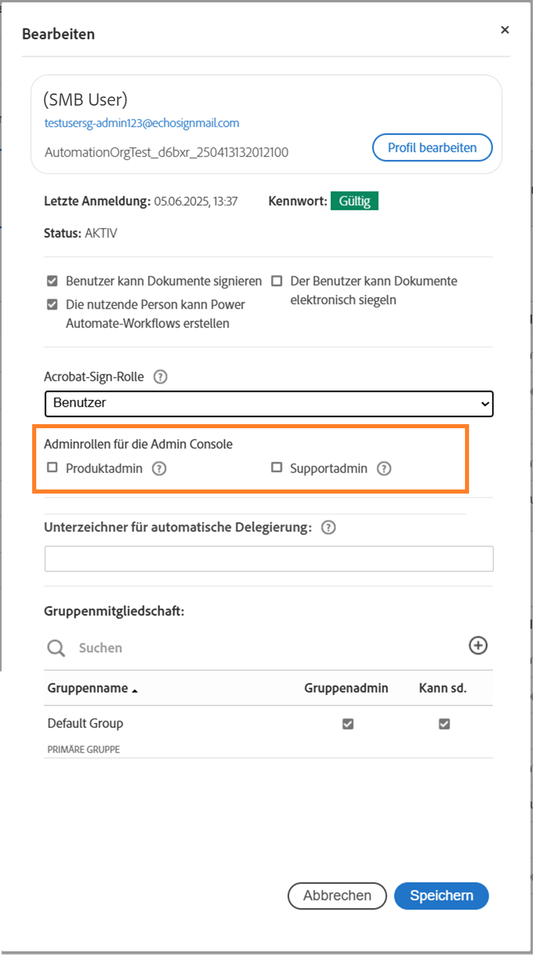 Das Bedienfeld „Benutzerprofil“ mit hervorgehobenen Admin Console-Rollen.
