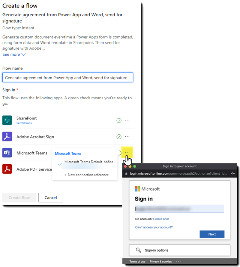 Power Automate zwischen Acrobat Sign und SharePoint mit geöffnetem Authentifizierungsfenster