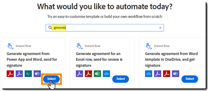 Seite „Workflow erstellen“ mit Suchergebnissen und der hervorgehobenen Schaltfläche „Start“