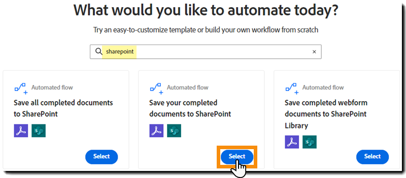 Seite „Workflow erstellen“ mit Suchergebnissen und der hervorgehobenen Schaltfläche „Start“