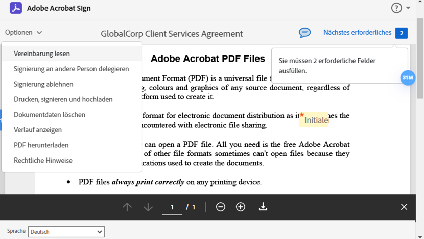 Die E-Signatur-Seite mit der aktualisierten Lokalisierung (Spanisch)