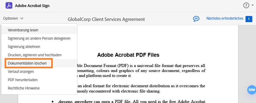 Die E-Signatur-Seite mit dem erweiterten Menü „Optionen“ und der hervorgehobenen Option „Dokumentdaten löschen“