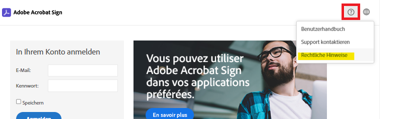 Die Acrobat Sign-Anmeldeseite mit dem erweiterten Fragezeichenmenü und der hervorgehobenen Option „Rechtliche Hinweise“