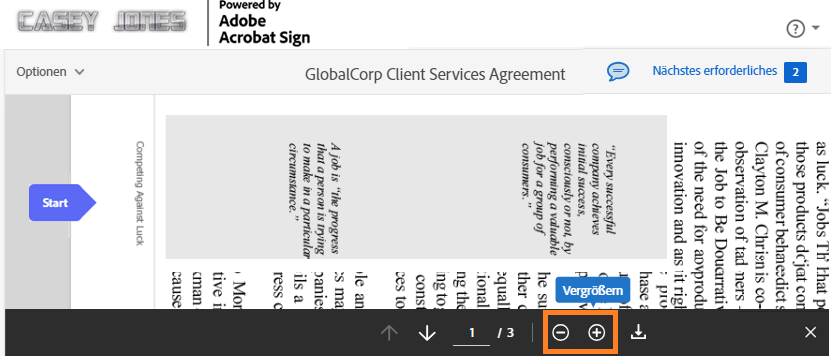 Die E-Signatur-Seite, auf der die Steuerelemente für die Seitenvergrößerung am unteren Rand der Seite hervorgehoben sind