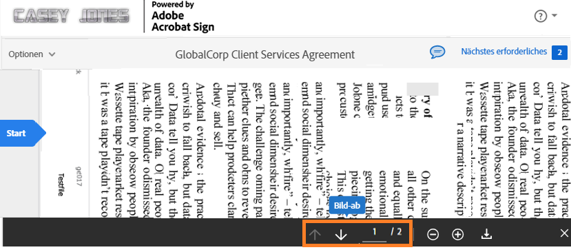 Die E-Signatur-Seite mit den Steuerelementen für die Seitennavigation am unteren Rand der Seite