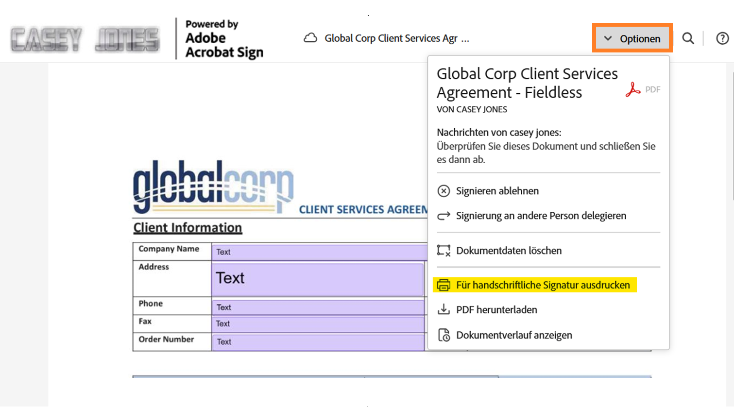 Optionsmenü zum Konvertieren in eine handschriftliche Signatur