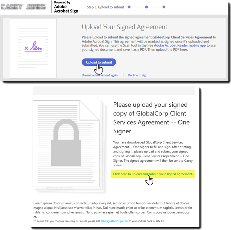 Die Seite „Signierte Vereinbarung hochladen“ und die E-Mail mit dem Upload-Link
