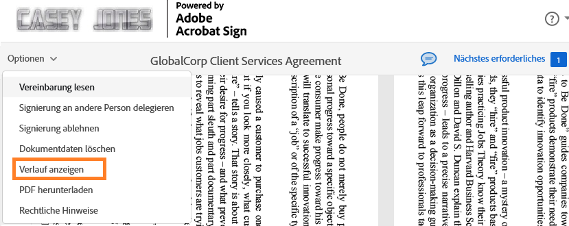 Die E-Signatur-Seite mit dem erweiterten Menü „Optionen“ und der hervorgehobenen Option „Verlauf anzeigen“