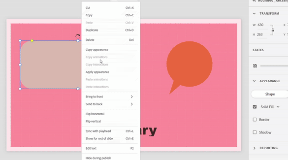 Context menu showing Copy appearance and Apply appearance options for quickly transferring visual styles between shapes.