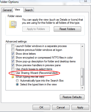 Deselect Use Sharing Wizard (Recommended)