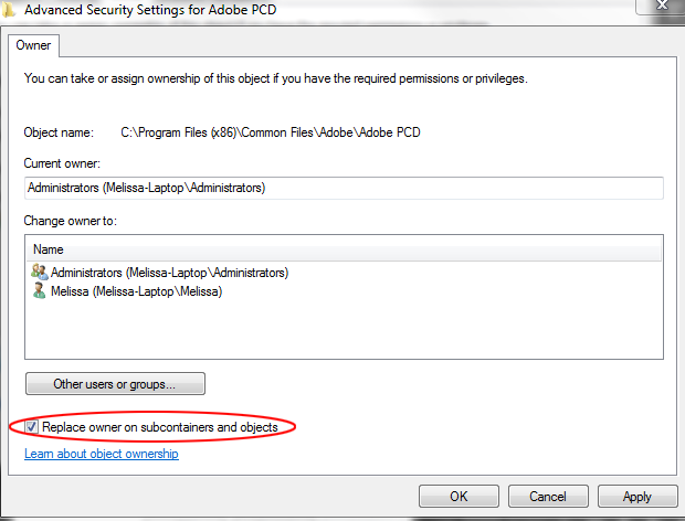 Select Replace Owner on Subcontainers and Objects, click Apply