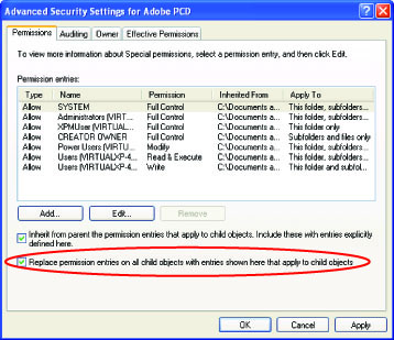 Select Replace Permission Entries on All Child Objects with Entries Shown Here that Apply to Child Objects