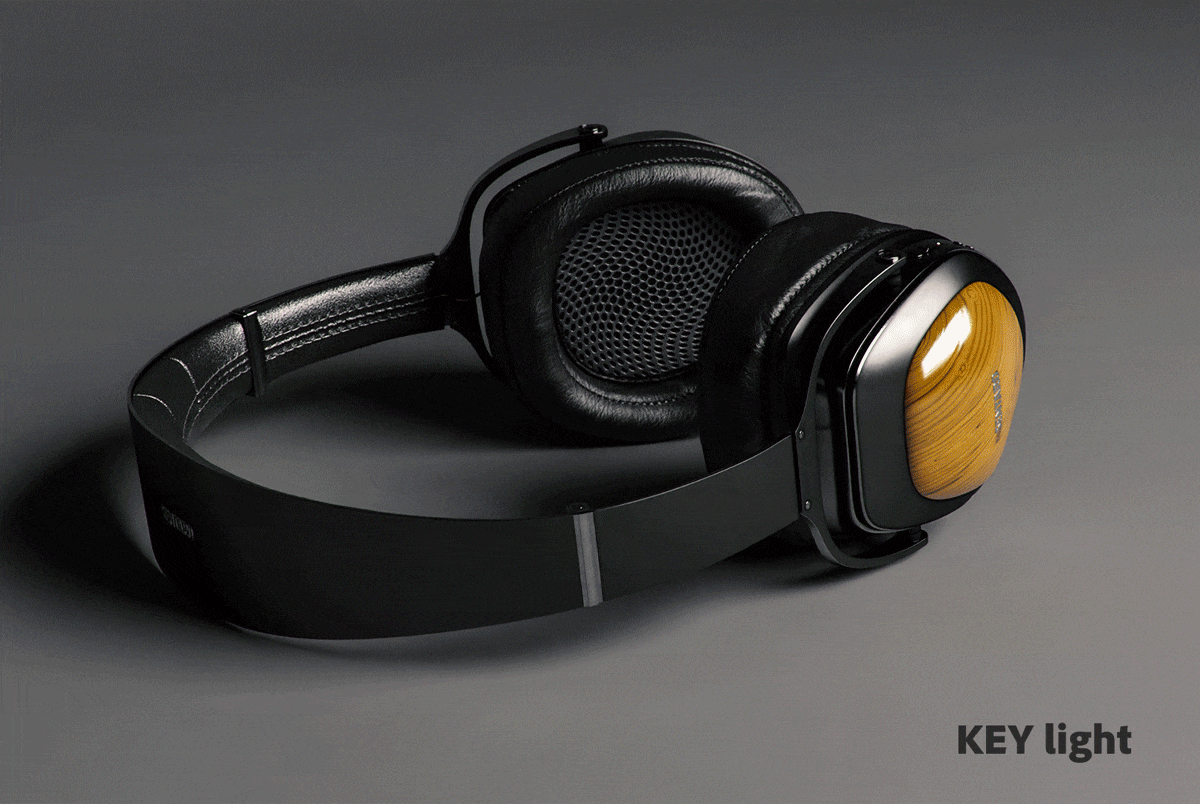  Example of 3 lights (key, fill and rim) illuminating a 3d headphone model individually and all 3 of them working together.