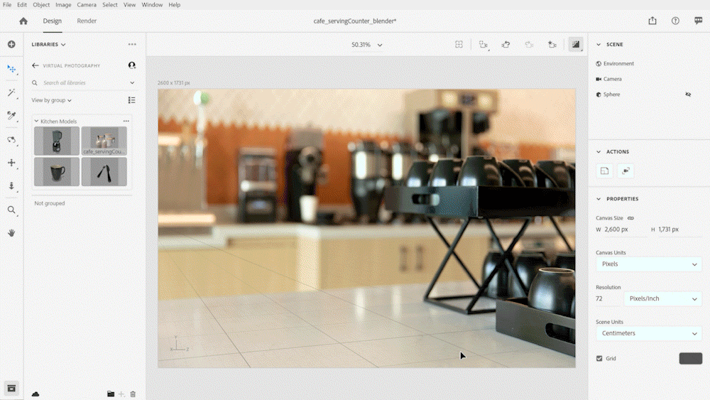 A time-lapse of 3D compositing and rendering for a virtual product photograph in Adobe Dimension.