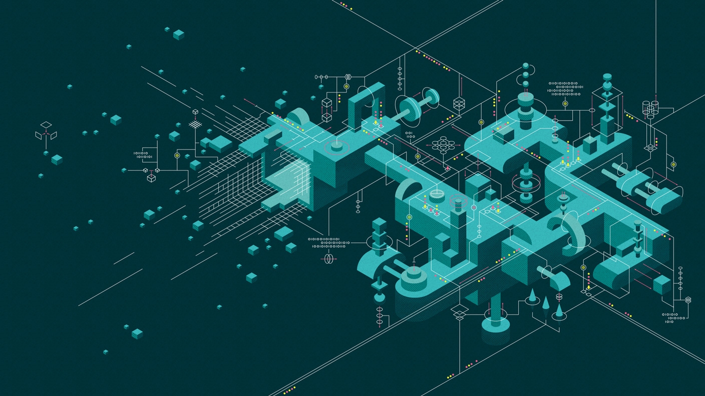 Abstract illustration of a wireframe prototype with connected machinery