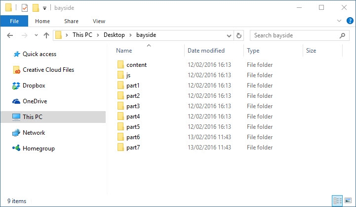 Nine folders appear in Windows Explorer after extraction from a ZIP file.
