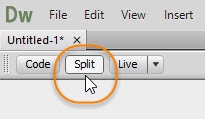 Split button is selected to reveal the underlying code in part of the Document window.