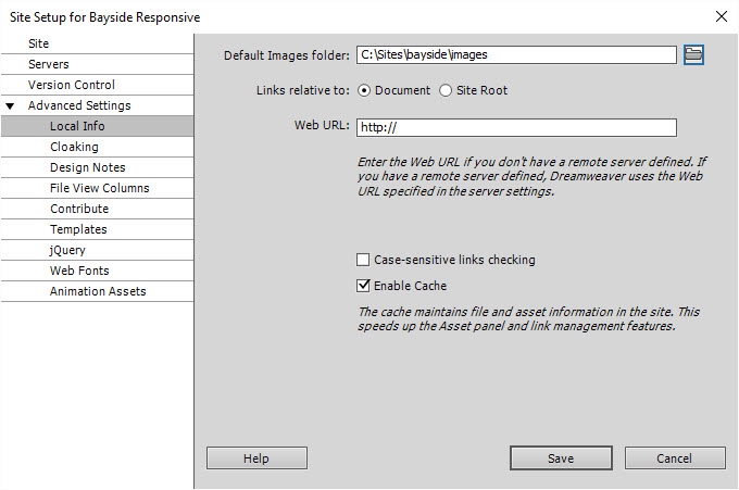 Advanced Settings dialog box in the Site Setup menu.