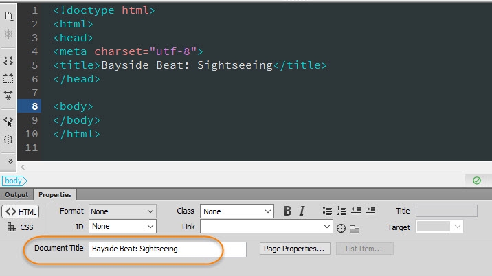 Property inspector is used to set the Document Title.