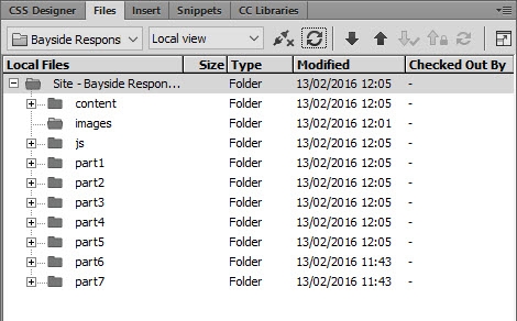 Files panel in Dreamweaver shows root folder with nested folders below it.