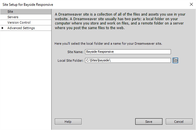 Site name and local site folder settings for a Dreamweaver site.