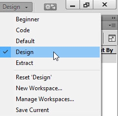 Design workspace menu in Dreamweaver