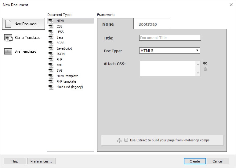 The New Document dialog box has options to create many types of files.