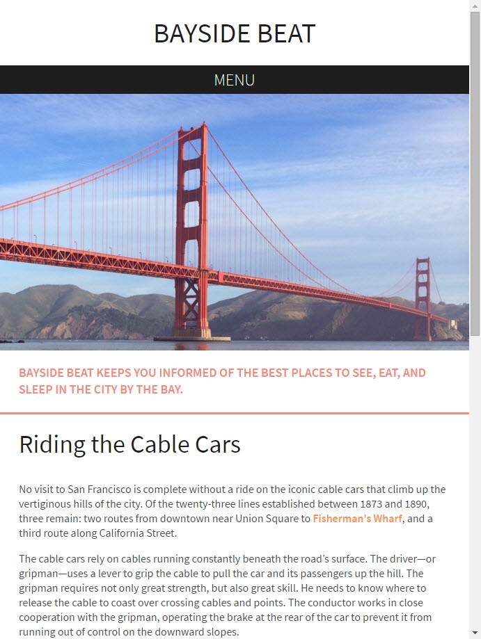 Bayside Beat home page changes to a single-column layout on a narrower screen.