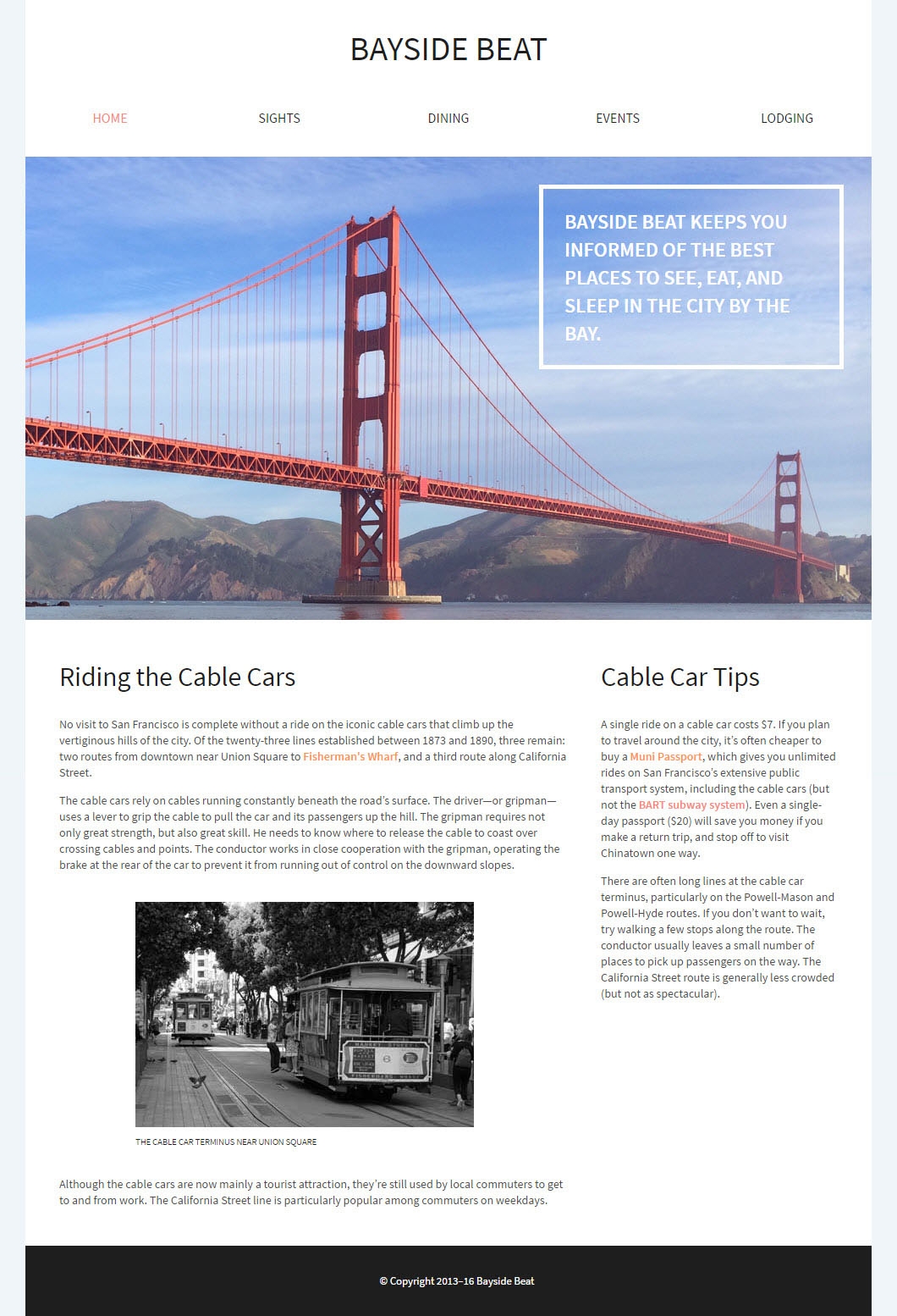 Bayside Beat home page features the Golden Gate Bridge and a two-column layout with information about riding cable cars.