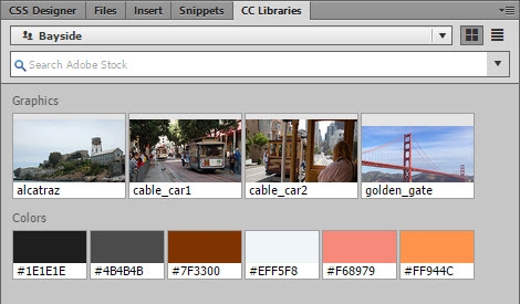 Shared assets for the Bayside project in the Dreamweaver Libraries panel