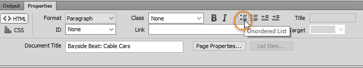 Paragraph is converted to a bullet point by clicking the Unordered List icon in the Property inspector.