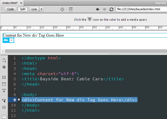 The <div> element is added with placeholder text and identified in Live View by the Element Display tab.