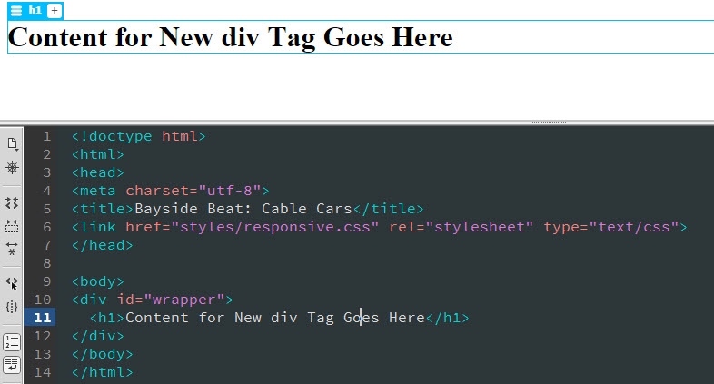 Placeholder text has been converted to an <h1> element. 