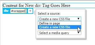 When a class or ID is added to an element, Dreamweaver prompts the user to select a source, in page or new CSS file.