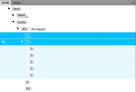 Contiguous elements are selected by holding the Shift key in the DOM panel.