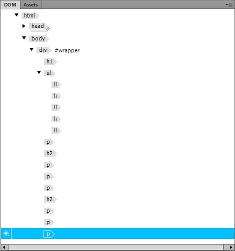 Document Object Model (DOM) panel shows the structure of the HTML elements in a web page.