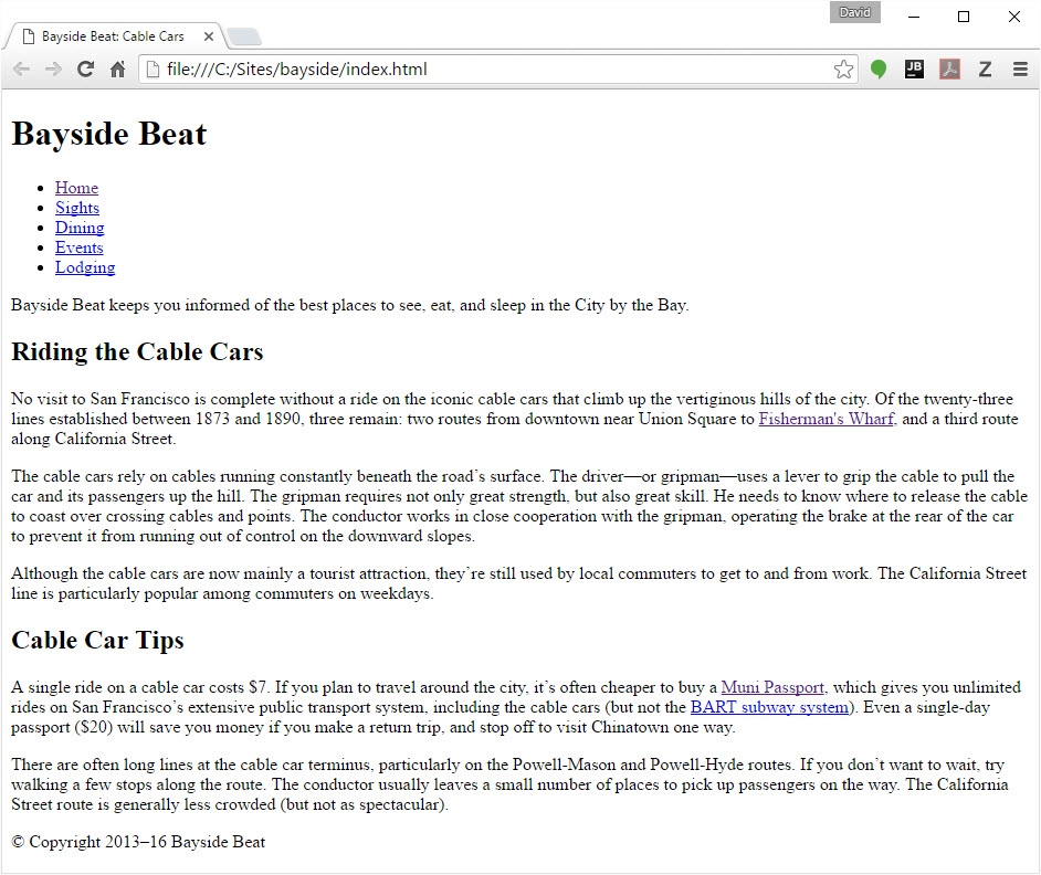 A functional, but unattractive home page for Bayside Beat. The text has very little formatting and there are no images.